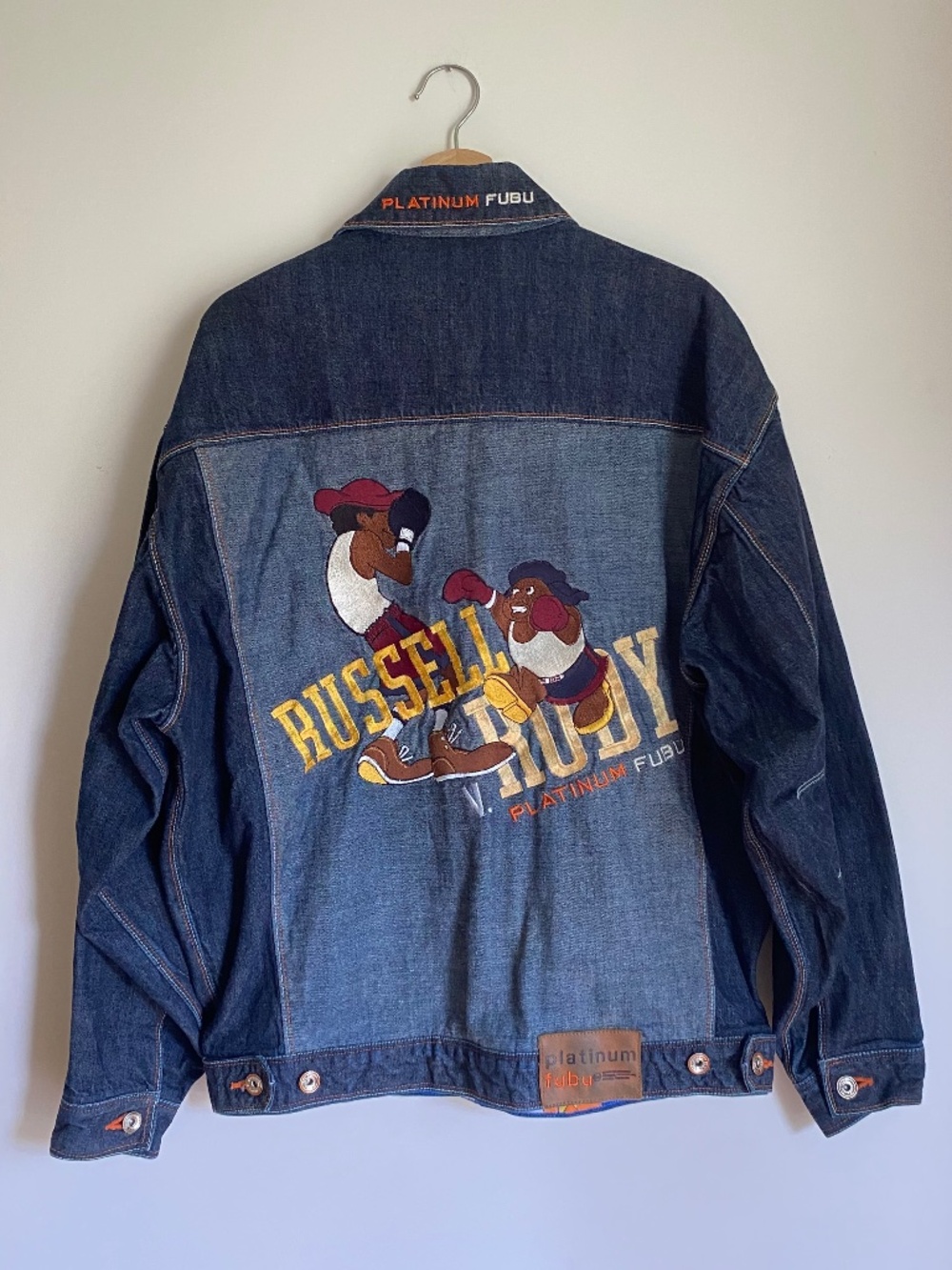 Vintage Platinum FUBU Russell vs Rudy Embroidered Denim Jacket Y2K Streetwear